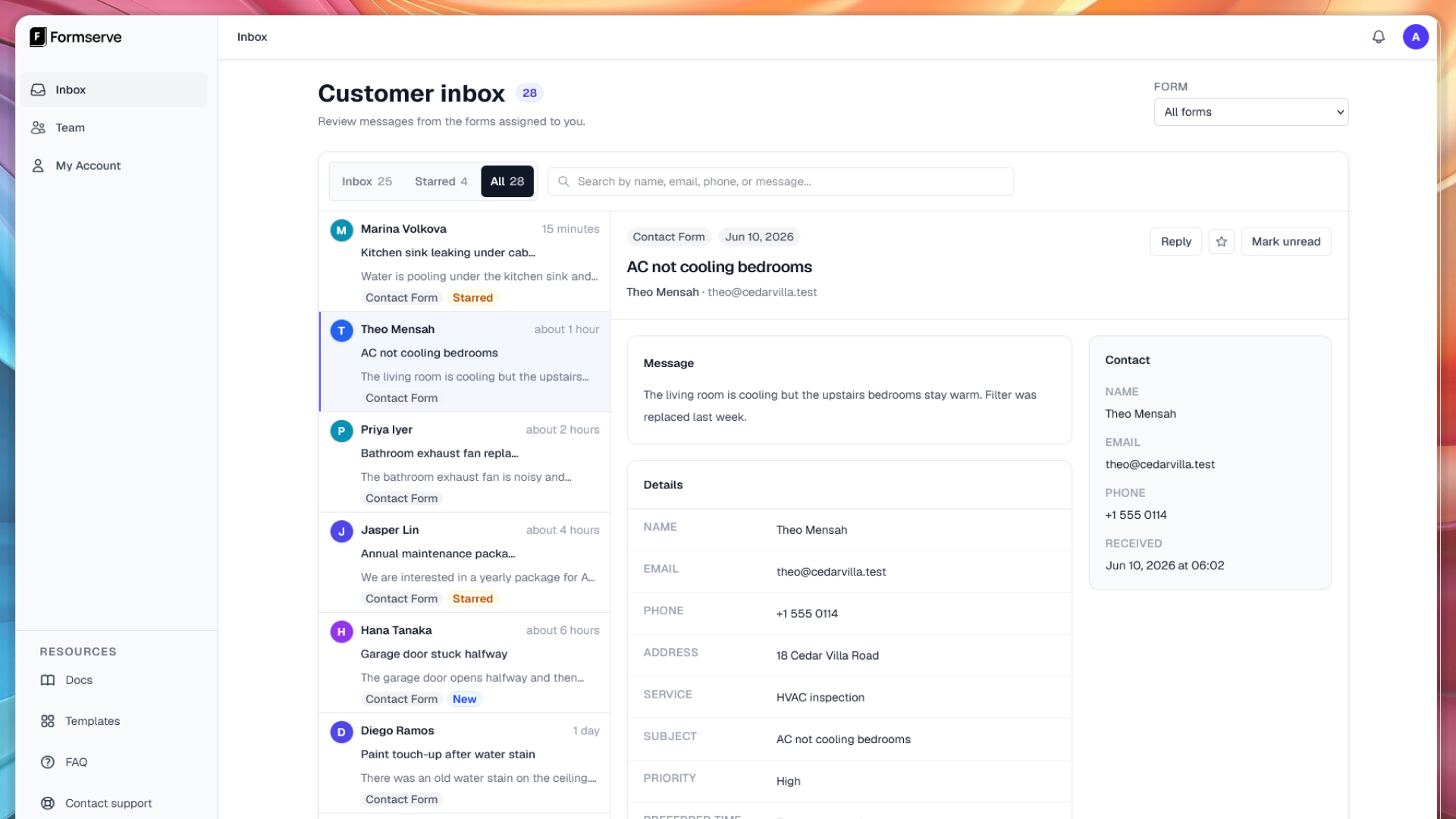 Formserve customer inbox showing home maintenance leads in a clean business-owner view